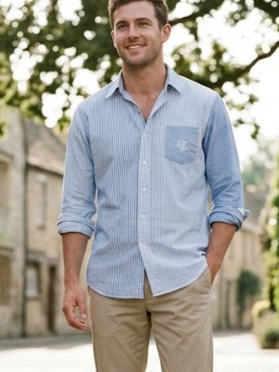 Ralph‎ Lauren Blue /White Custom Fit Striped Oxford Fun Shirt Large